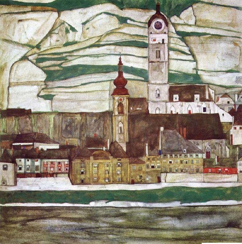 Egon Schiele Stein on the Danube with Terraced Vineyards Norge oil painting art